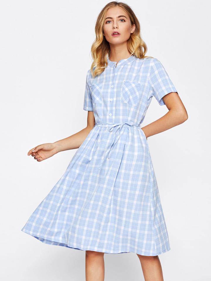 Shein Tartan Plaid Tie Waist Shirt Dress