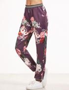 Shein Purple Flower Print Striped Trim Pants