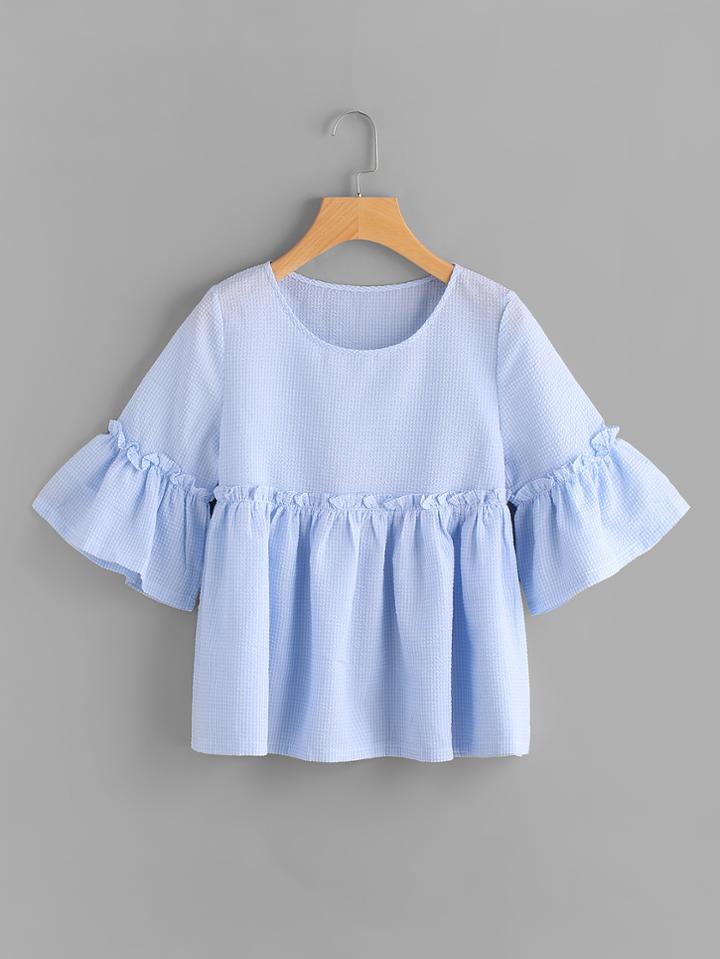 Shein Gingham Bell Sleeve Frill Trim Smock Blouse