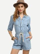 Shein Blue Denim Button Front Drawstring Waist Shirt Romper