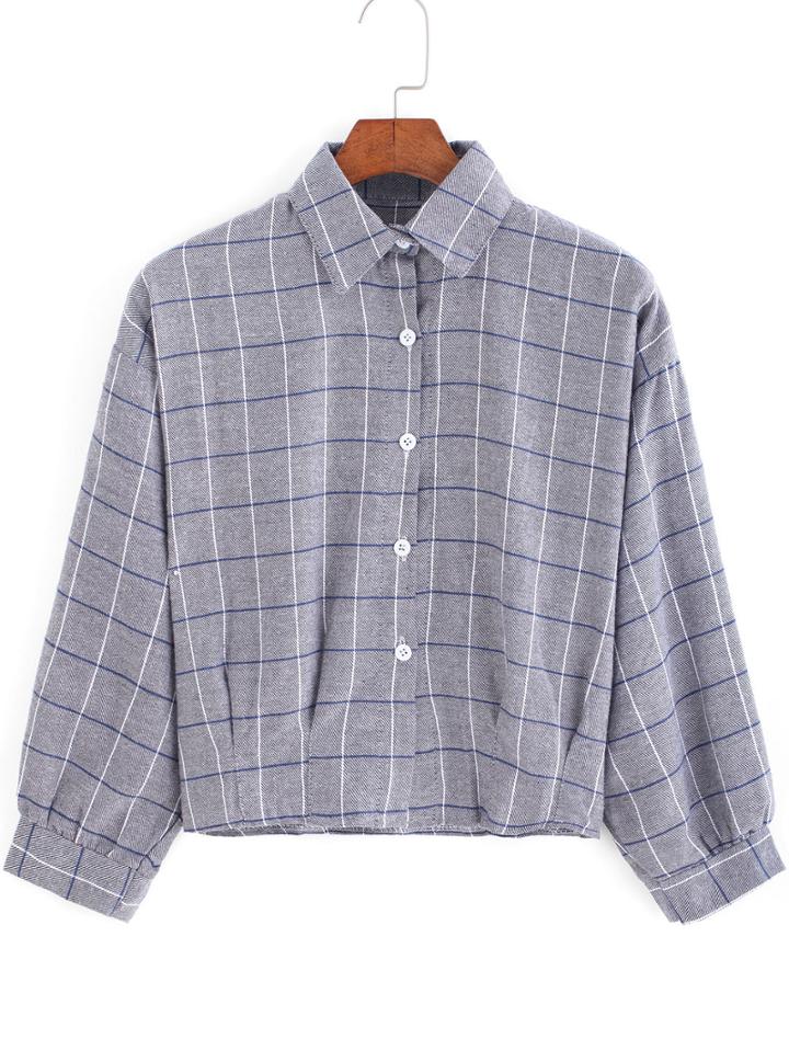 Shein Grey Lapel Plaid Checks Checkered Crop Blouse