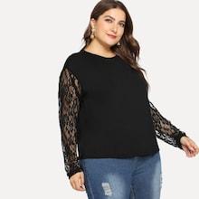 Shein Plus Lace Sleeve Solid Sweatshirt