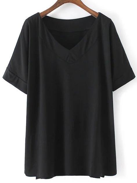 Shein Black V Neck Dip Hem Short Sleeve Casual T-shirt