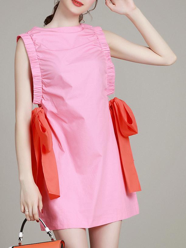 Shein Pink Crew Neck Bowknot Shift Dress