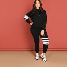 Shein Plus Striped Side Pullover & Sweatpants Set