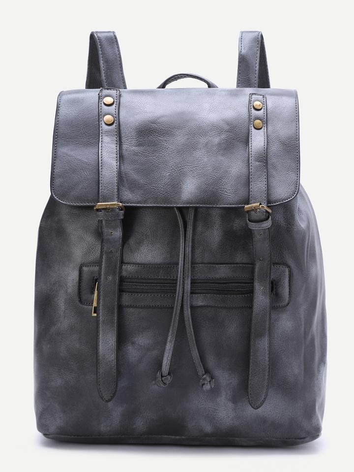 Shein Dark Grey Double Buckle Pu Backpack