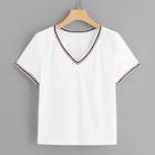 Shein V Neck Striped Trim T-shirt