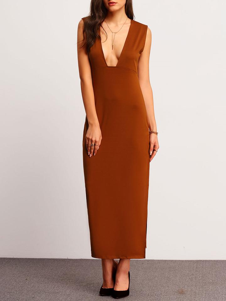 Shein Brown Deep V Neck Split Dress