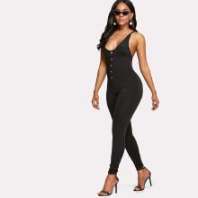 Shein Button Front Criss Cross Back Skinny Jumpsuit