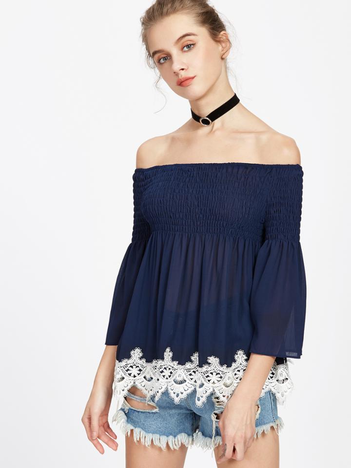 Shein Navy Off The Shoulder Shirred Chiffon Top