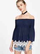 Shein Navy Off The Shoulder Shirred Chiffon Top