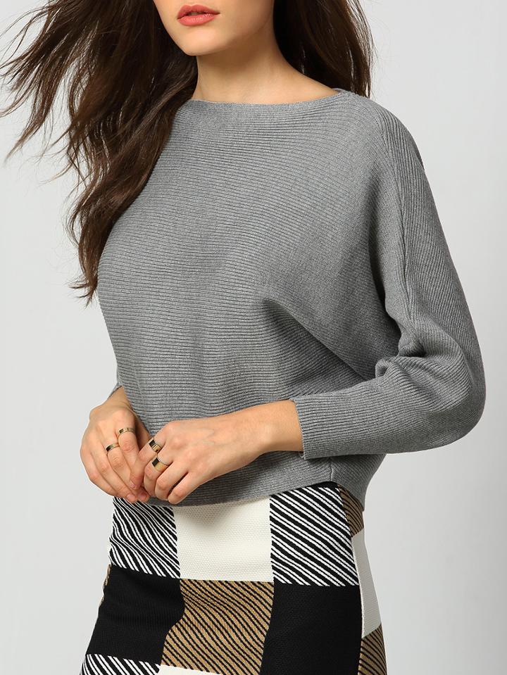 Shein Grey Boat Neck Batwing Sleeve Crop Knitwear