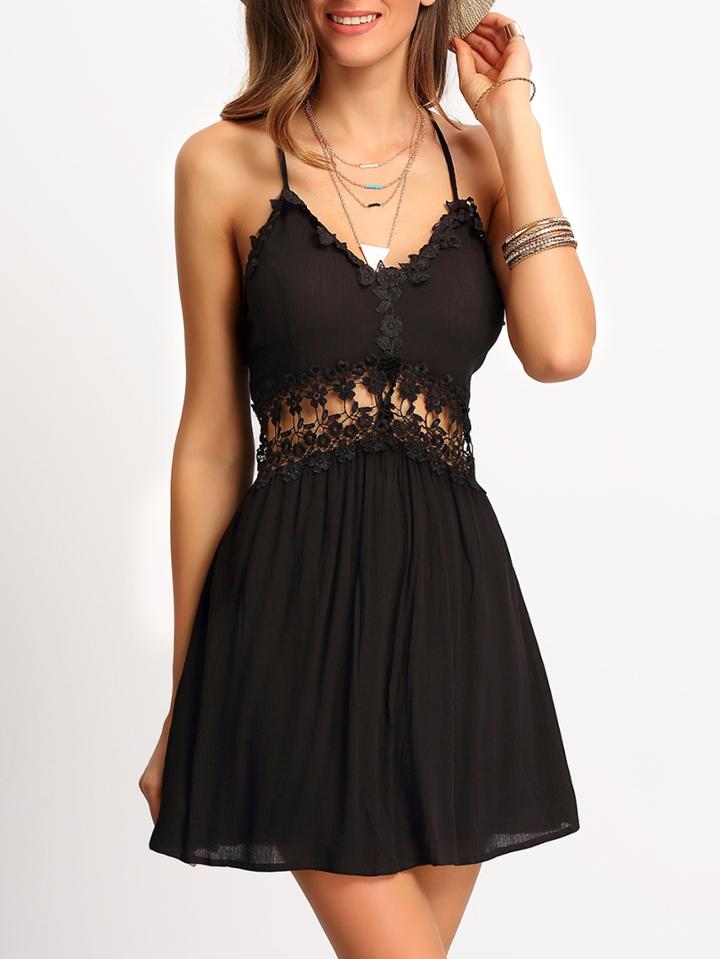 Shein Black Spaghetti Strap Hollow Dress