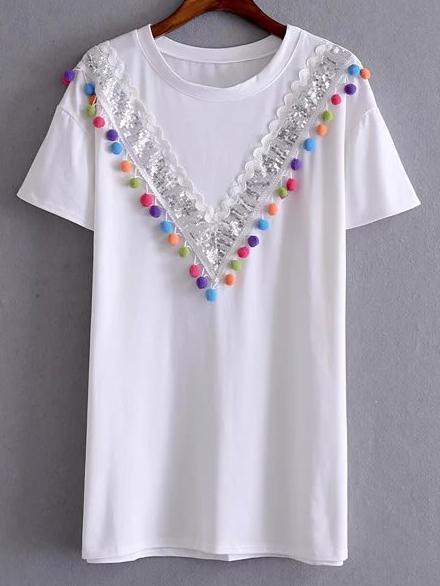 Shein White Sequined And Pompom T-shirt