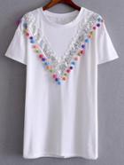 Shein White Sequined And Pompom T-shirt