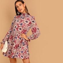 Shein Allover Floral Print Shirred Panel Dress