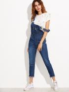 Shein Blue Strap Ripped Overall Jeans With Pocket
