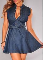 Rosewe Button Closure Sleeveless Belted Denim Mini Dress