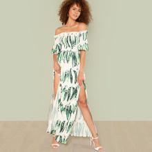 Shein Tropical Print Slit Side Frilled Bardot Dress