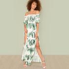 Shein Tropical Print Slit Side Frilled Bardot Dress