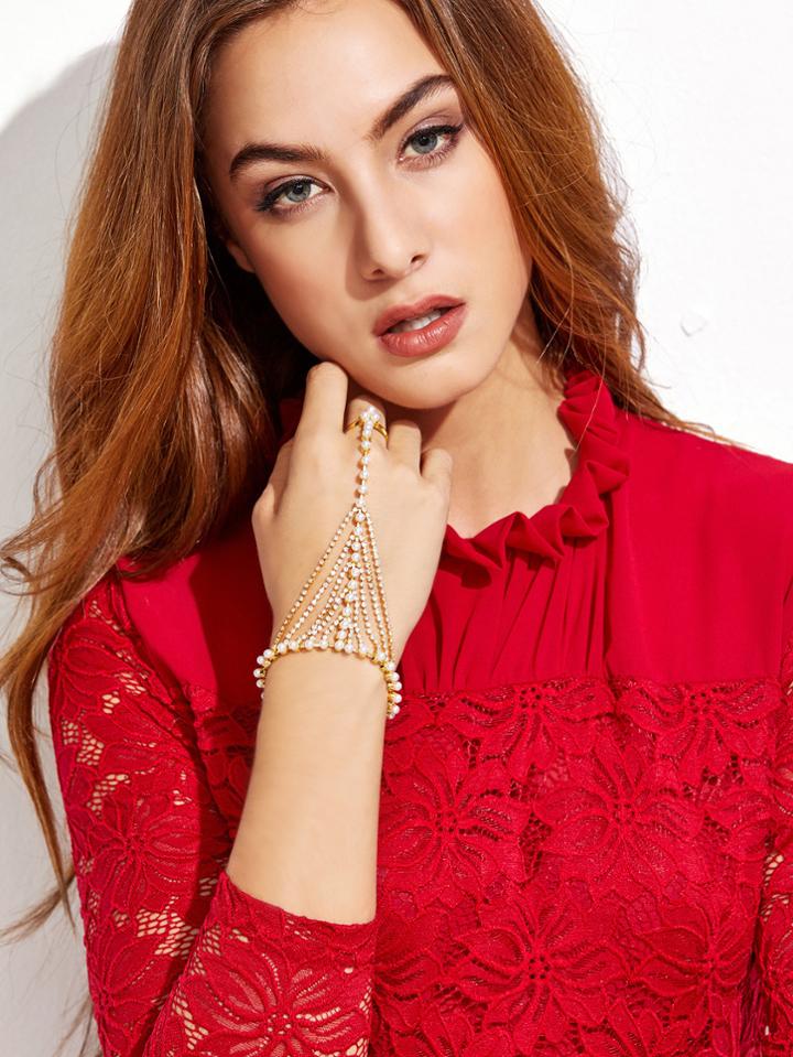 Shein Gold Rhinestone Faux Pearl Beaded Hand Chain