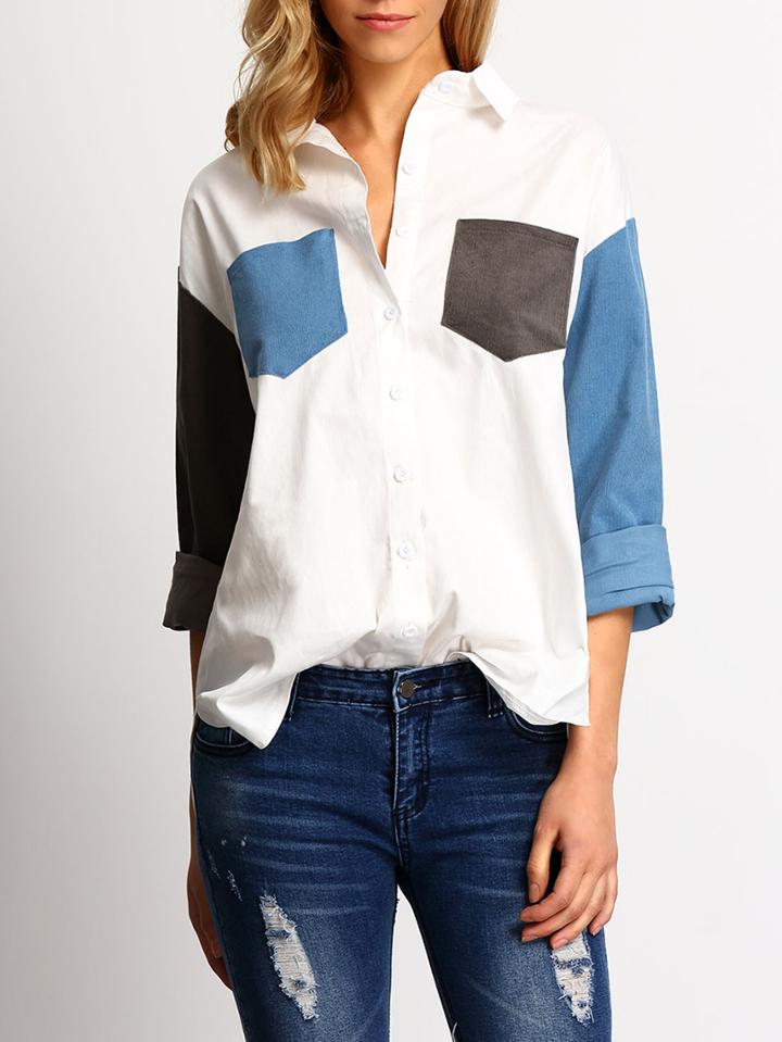 Shein Colour-block Lapel Pockets Loose Blouse