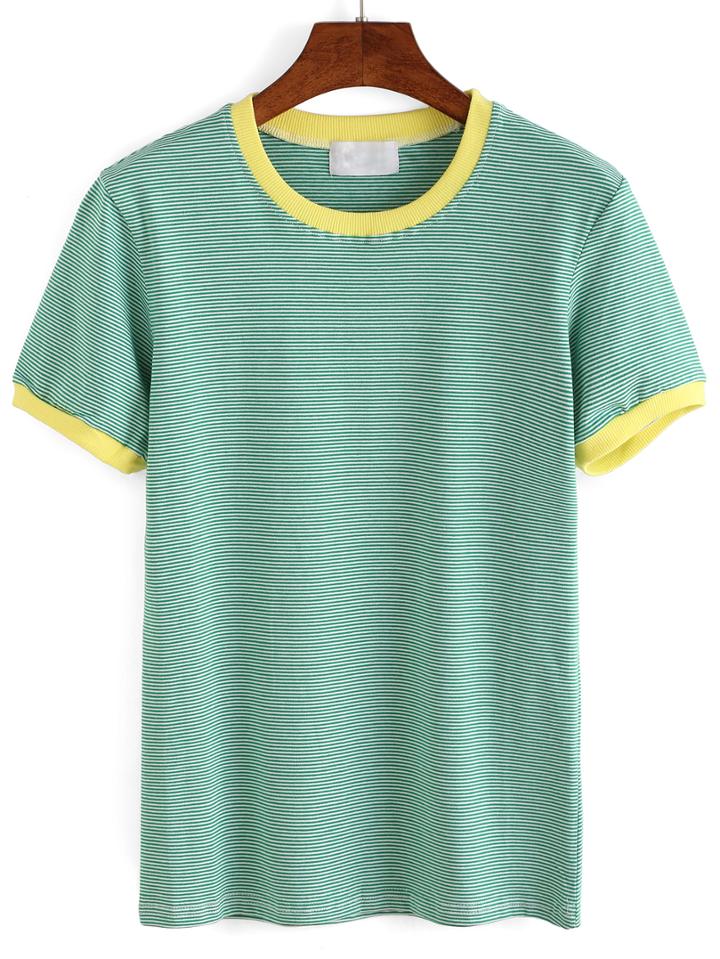Shein Pale Green Contrast Striped T-shirt
