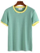 Shein Pale Green Contrast Striped T-shirt