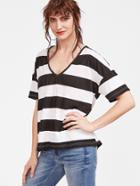 Shein Black And White Striped V Neck Drop Shoulder T-shirt