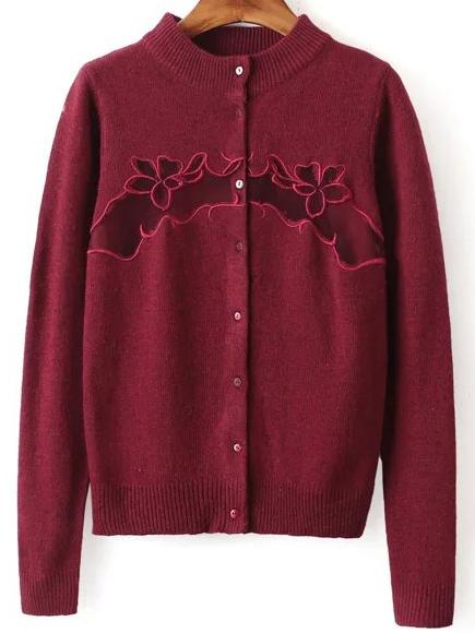 Shein Mesh Insert Embroidered Burgundy Cardigan Sweater