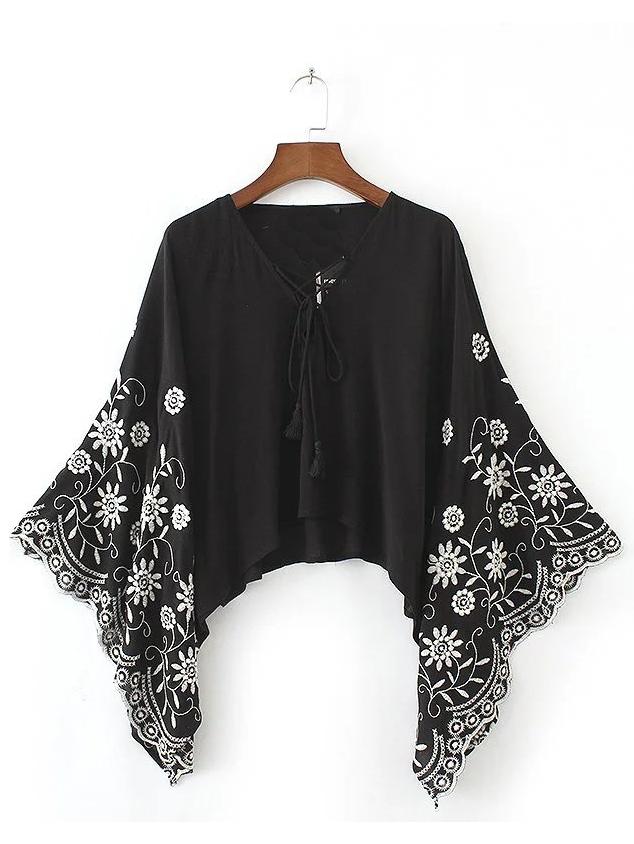 Shein Black Tasseled Lace Up V Neck Embroidered Batwing Top