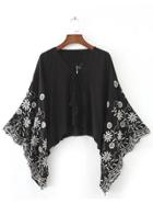Shein Black Tasseled Lace Up V Neck Embroidered Batwing Top