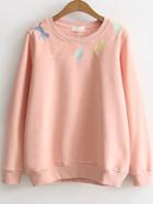 Shein Pink Cat Embroidery Ribbed Trim Sweatshirt