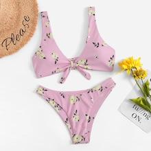 Shein Knot Front Random Calico Print Bikini Set