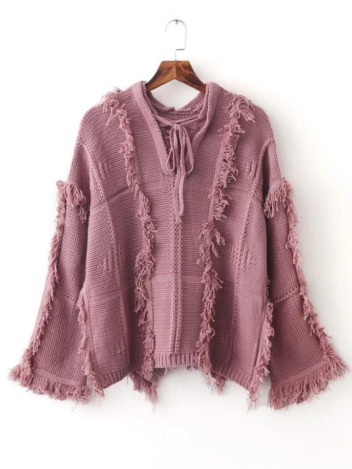 Shein Pink Tie V Neck Fringe Trim Dip Hem Sweater
