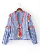Shein Embroidery Tape Tie Detail Blouse With Fringe