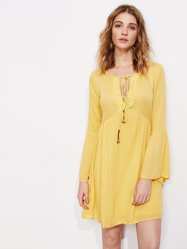 Shein Lace Trim Keyhole Tie Neck Bell Sleeve Dress