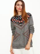 Shein Grey Marled Tribal Print Sweatshirt With Embroidered Tape Detail