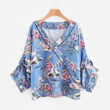 Shein All Over Florals Tie Cuff Surplice Blouse