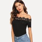 Shein Off Shoulder Appliques Lace Contrast Tee