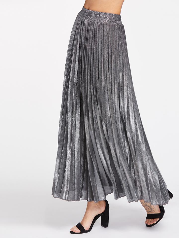 Shein Silver Metal Elastic Waist Pleated Skirt