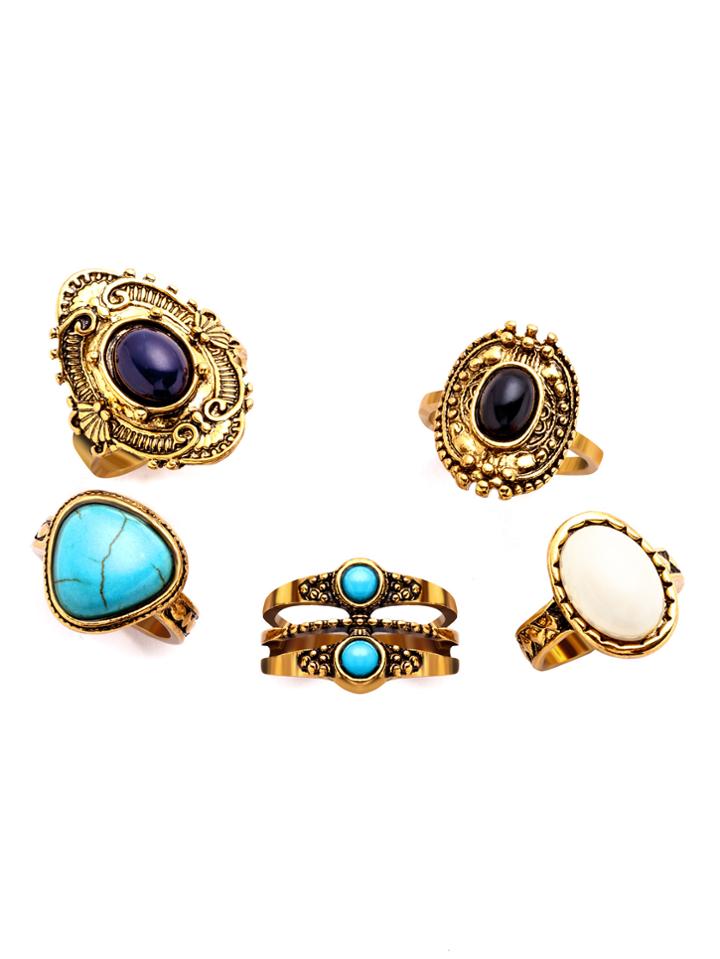 Shein Antique Gold Geometric Gemstone Carved Ring Set