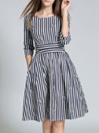 Shein Navy White Striped A-line Dress