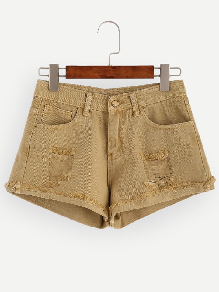 Shein Khaki Ripped Raw Hem Denim Shorts