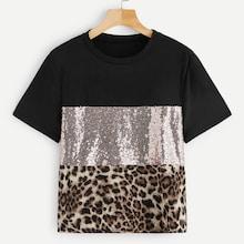 Shein Contrast Sequin Leopard Tee