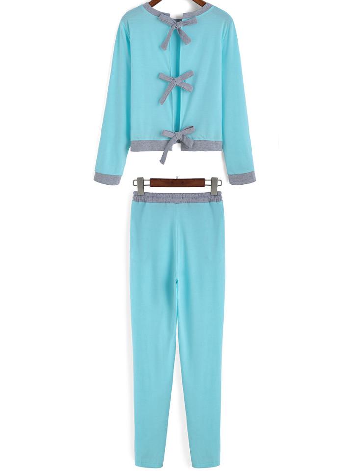 Shein Blue Contrast Trims Bow Crop Top With Pant
