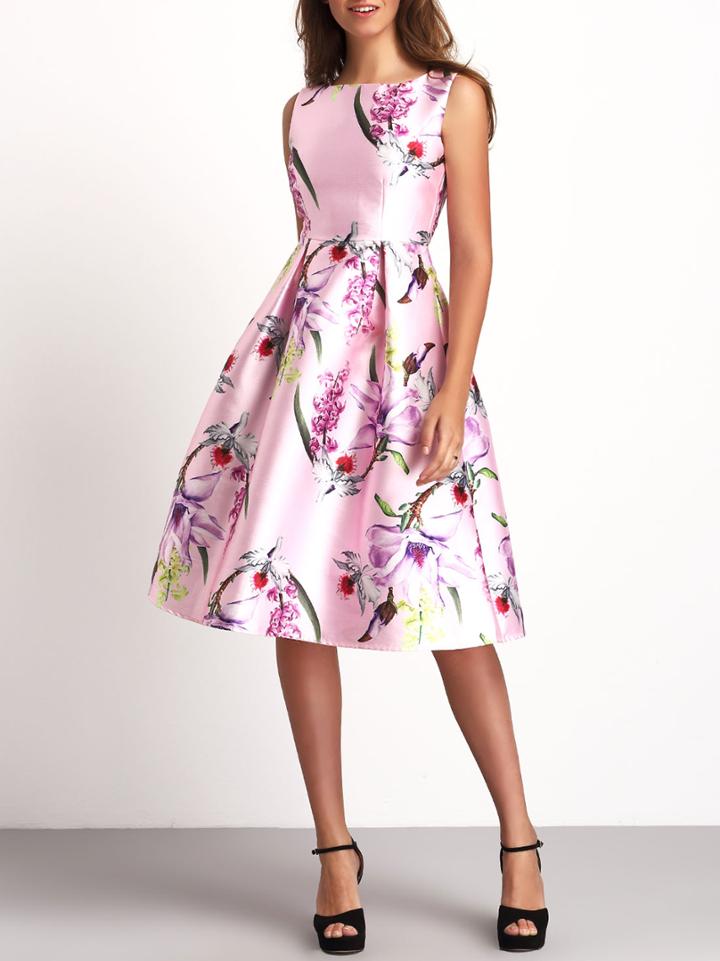 Shein Pink Crew Neck Sleeveless Floral Flare Dress