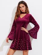 Shein Choker Neck Pearl Beading Velvet Dress