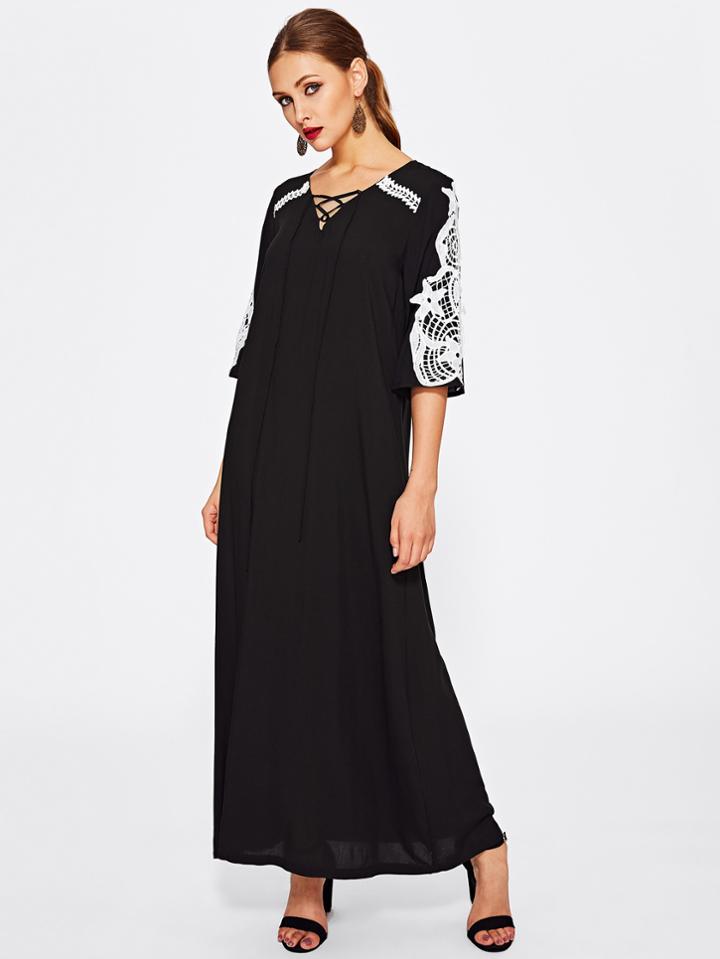 Shein Contrast Applique Lace Up Neck Dress