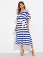 Shein Flounce Layered Neckline Tie Waist Contrast Striped Dress